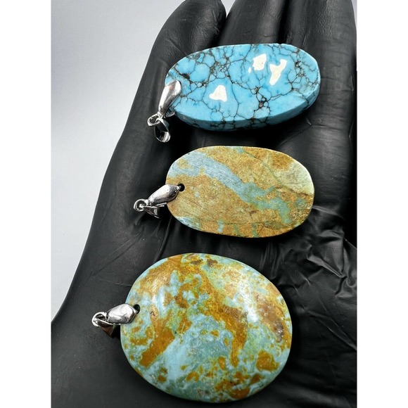 3 Natural Persian Turquoise Pendants Metal Stainless Steel Hook Bulk Lot - Picture 6 of 9